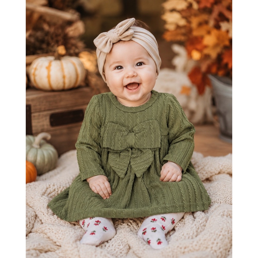 Just Lizzy Baby Girl Dress 3-6M Olive Cable Knit Bow Tights Fall Cottagecore